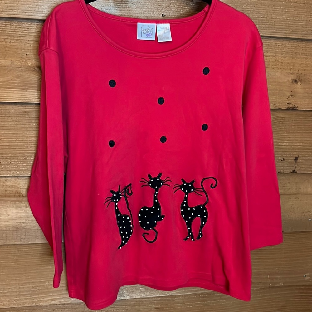 Vintage Peanut Butter & Jelly Cat Embroidered Beaded 3/4 sleeve Shirt Polka Dot